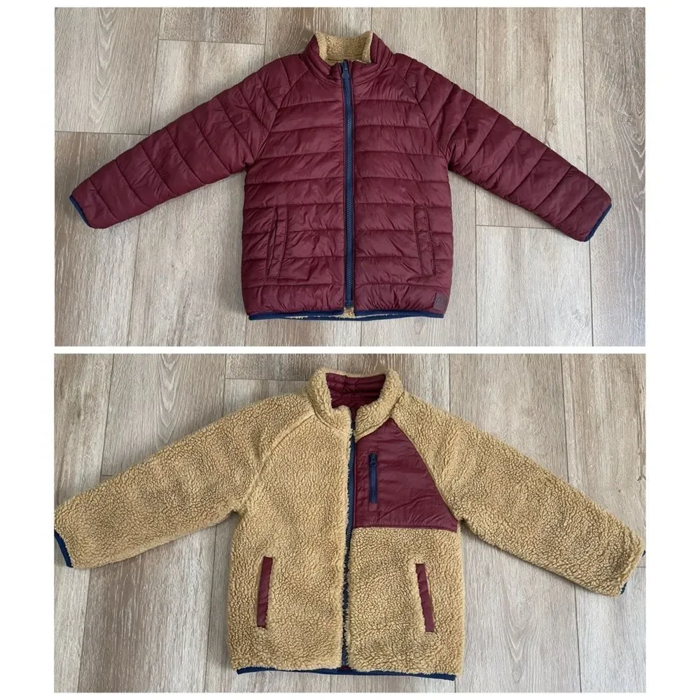 Gap Kids Reversible Puffer Sherpa Jacket Size 5 Years Brown Dark Claret